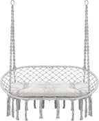 Hammock Chair Macrame Hanging Swing with Cushion,Hanging Cotton Ropes, Metal Frame, 450 lbs Capacity Indoor Outdoor, Patio, Balcony, Living,Deck, Yard, Garden(Double Swing) Beige