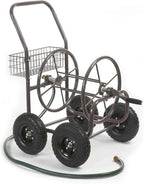 Residential Grade Four Wheel 250 Foot Capacity Steel Frame Water Hose Reel Cart with Basket for Backyard, Garden, or Home, Brown, Bronze