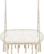 Hammock Chair Macrame Hanging Swing with Cushion,Hanging Cotton Ropes, Metal Frame, 450 lbs Capacity Indoor Outdoor, Patio, Balcony, Living,Deck, Yard, Garden(Double Swing) Beige