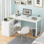 Home Office Computer Desk Corner Desk with 3 Drawers and 2 Shelves, 55 Inch Large L-Shaped Study Writing Table with Storage Cabinet - Walnut and White