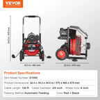 Drain Cleaner Machine 100FT x 1/2 Inch, Auto Feed Sewer Snake Auger on Wheels, 550W Portable Drain Cleaning Machine with 8 Cutters & Air-activated Foot Switch for 2" to 4" Pipes
