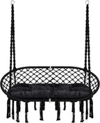 Hammock Chair Macrame Hanging Swing with Cushion,Hanging Cotton Ropes, Metal Frame, 450 lbs Capacity Indoor Outdoor, Patio, Balcony, Living,Deck, Yard, Garden(Double Swing) Beige