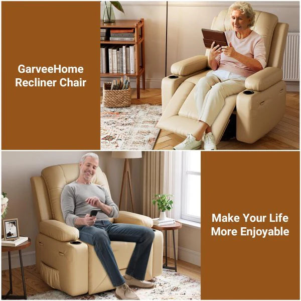 PU Leather Power Lift Recliner Chair With Massage and Heat, Adjustable Furniture for Back, Legs w/ 3 Positions, Usb Port, Side Pocket (Beige, 27 Seat Width+Cup Holders)