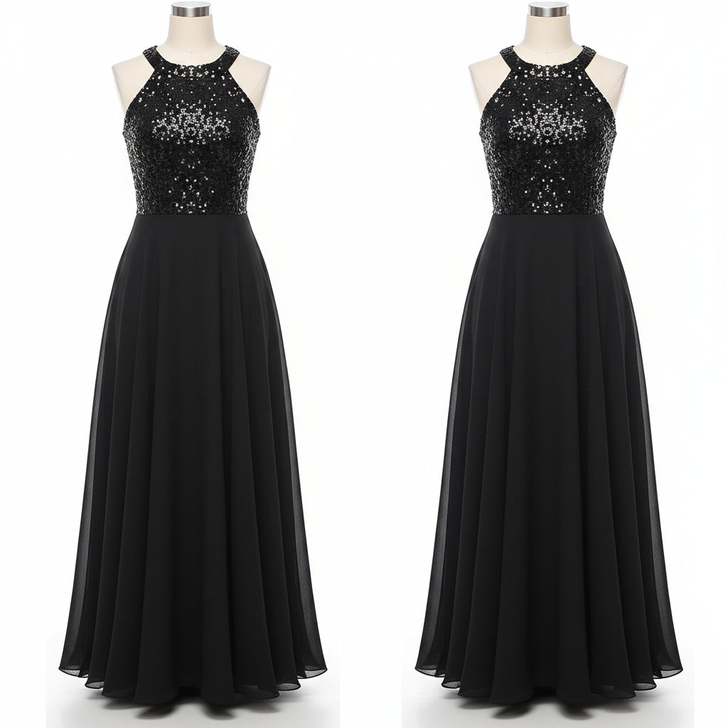 Woman wearing a black evening gown with sequin top in a fitting room.