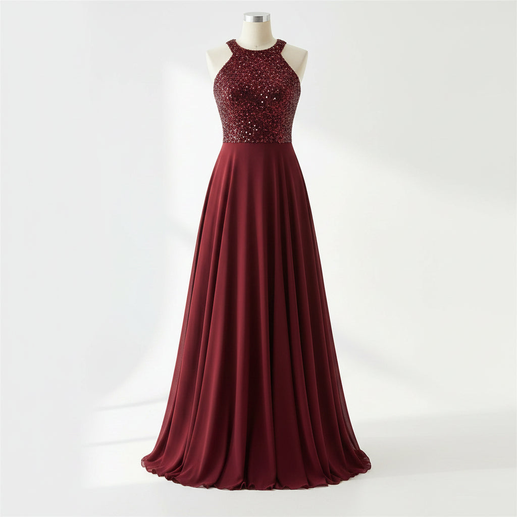 Woman wearing a burgundy evening gown with a sequined top in a store setting.