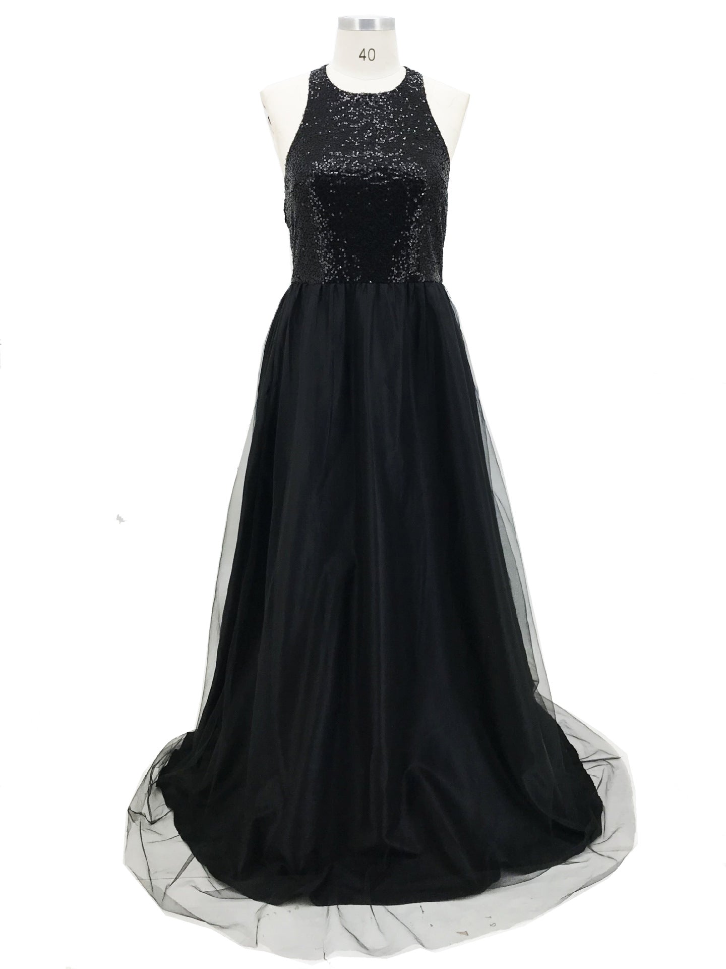 Black evening gown with sequined top on a white background