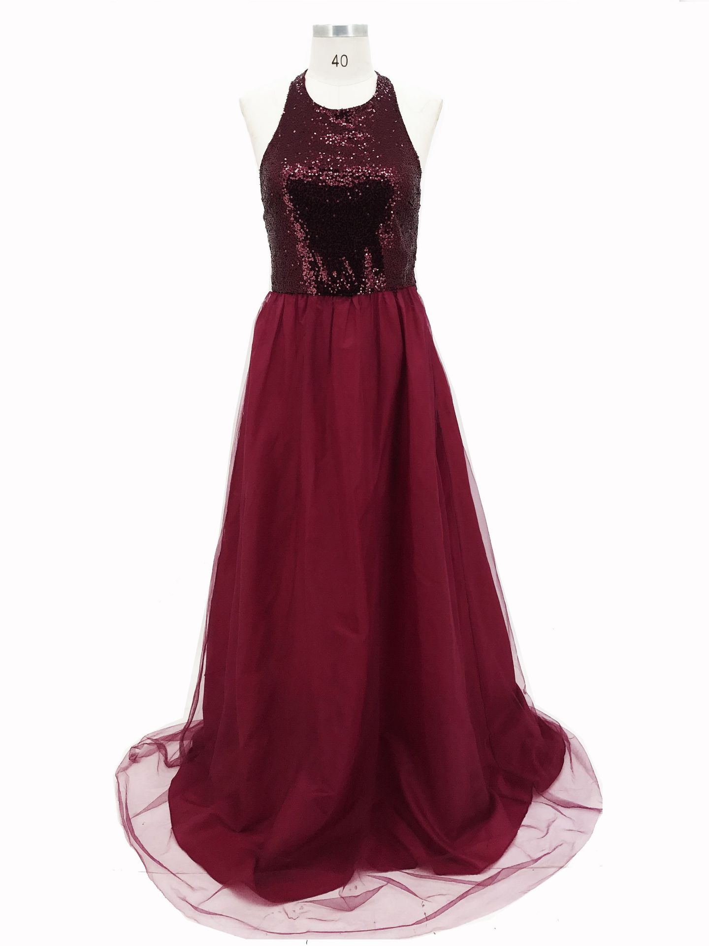 Maroon evening gown on a mannequin against a white background