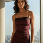 Burgundy strapless gown with a high slit on a light blue background