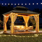 10X13 FT Outdoor Galvanised Steel Hardtop Gazebo, Heavy Duty Double Roof Outdoor Gazebo with Netting and Sunshade Curtains, Aluminium Framed Gazebo for Patio, Terrace, Lawn and Deck, Khaki