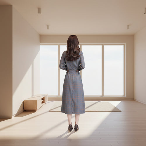 Woman wearing a gray plaid dress standing in a room with beige curtains.