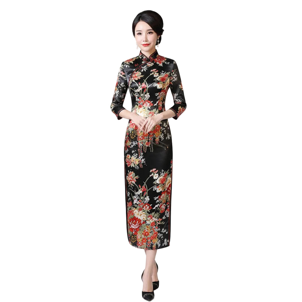 Woman in a floral dress standing in a room with decorative elements.