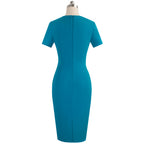 Teal dress on a mannequin against a white background