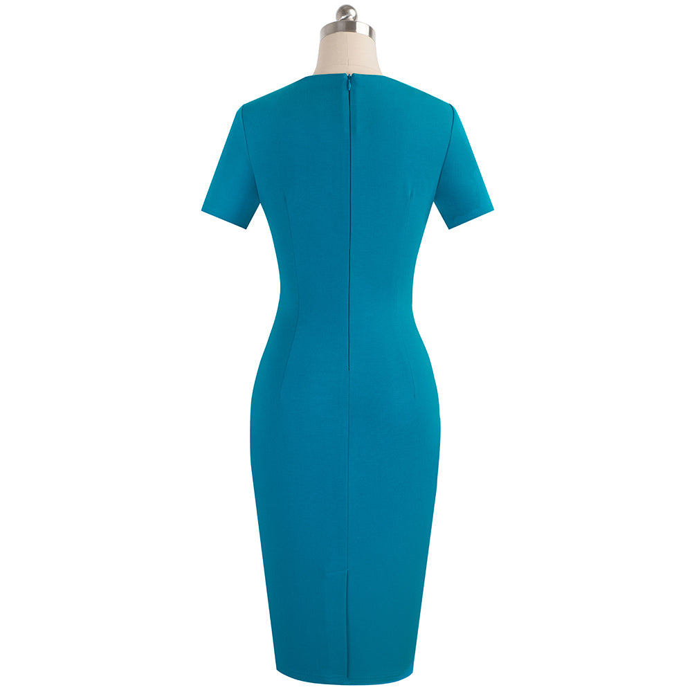 Teal dress on a mannequin against a white background