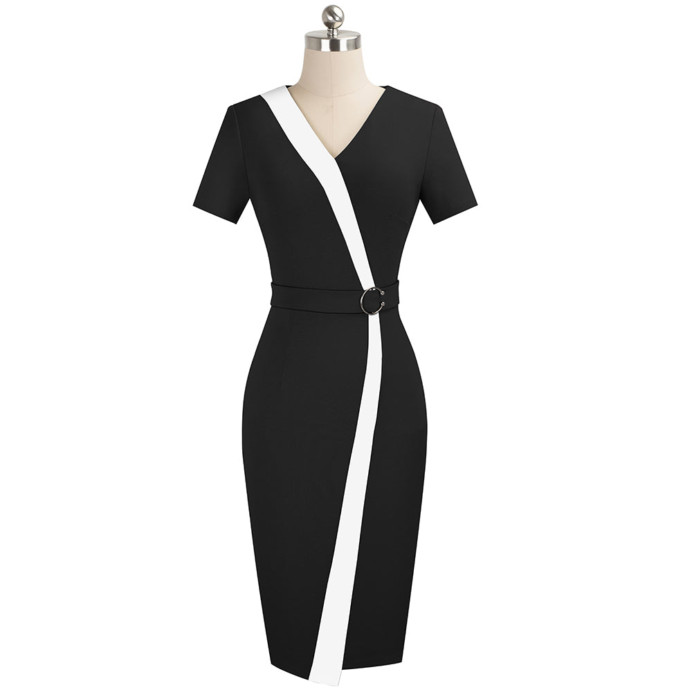 Black dress with white stripe on a mannequin against a white background