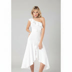 Woman wearing a white one-shoulder dress on a white background