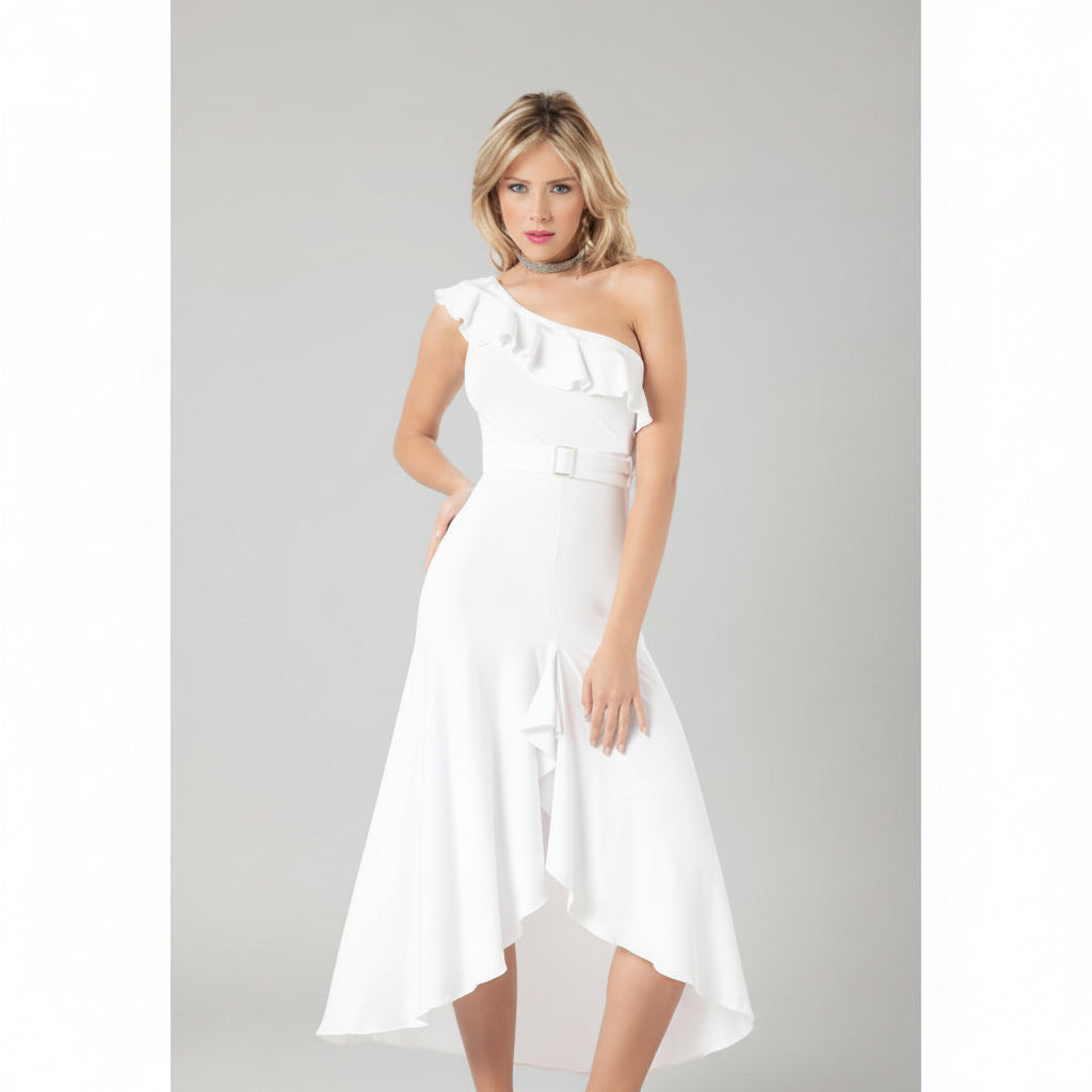 Woman wearing a white one-shoulder dress on a white background