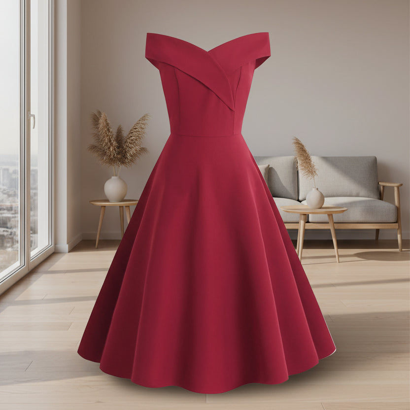 Red off-shoulder dress on a white background